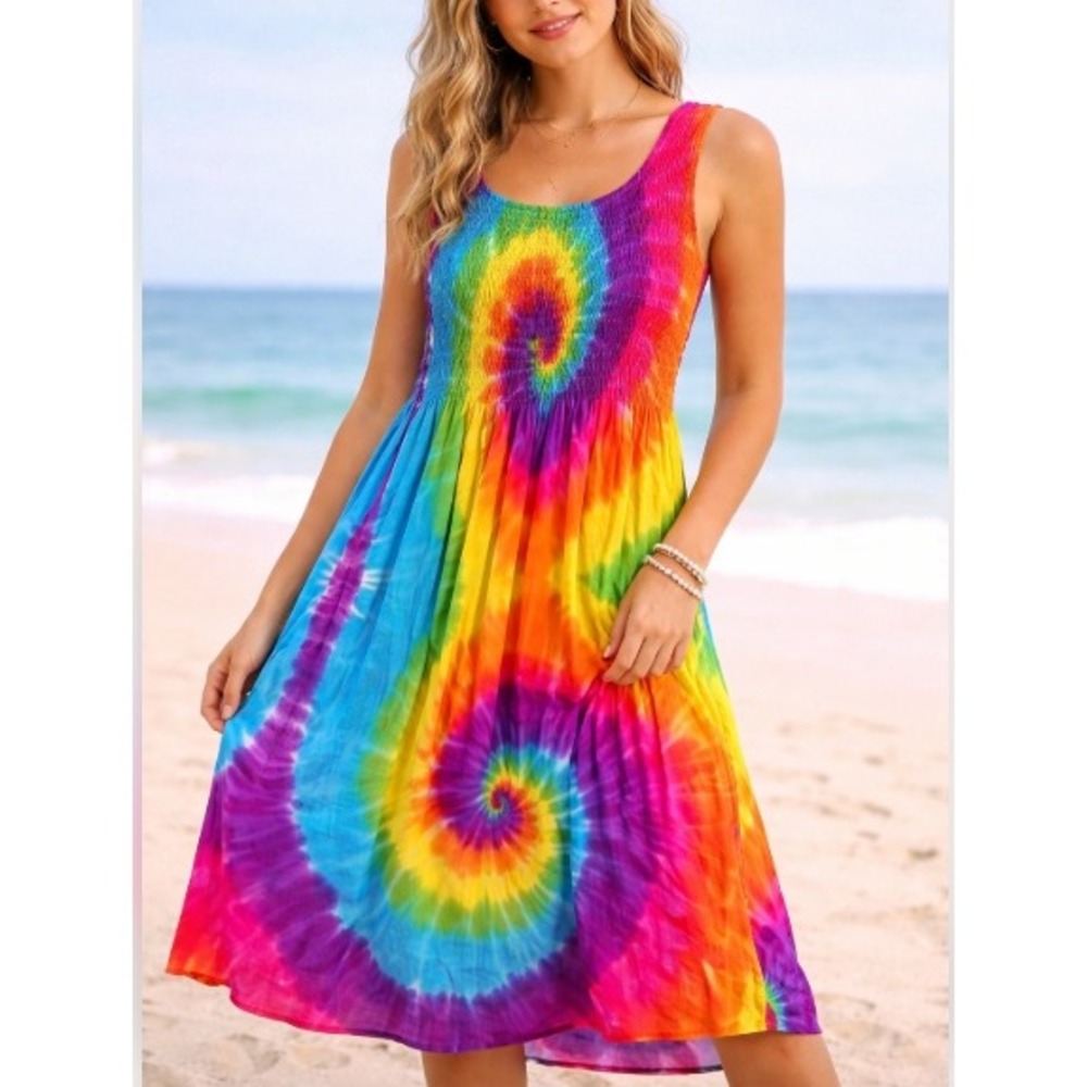Peaceful People Spiral Tie Dye Tank Dress S Rainbow Smocked Hippie Boho Festival